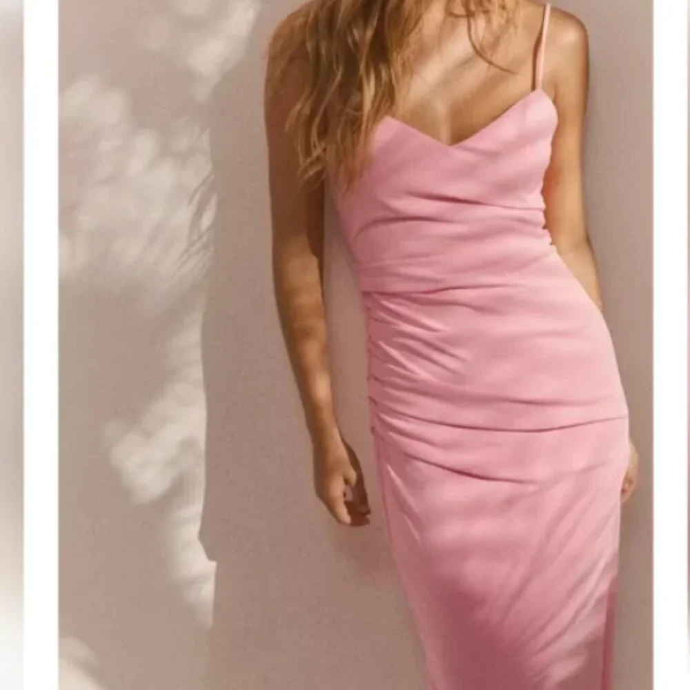 ZARA PINK RUCHED MIDI DRESS - Picture 2 of 7
